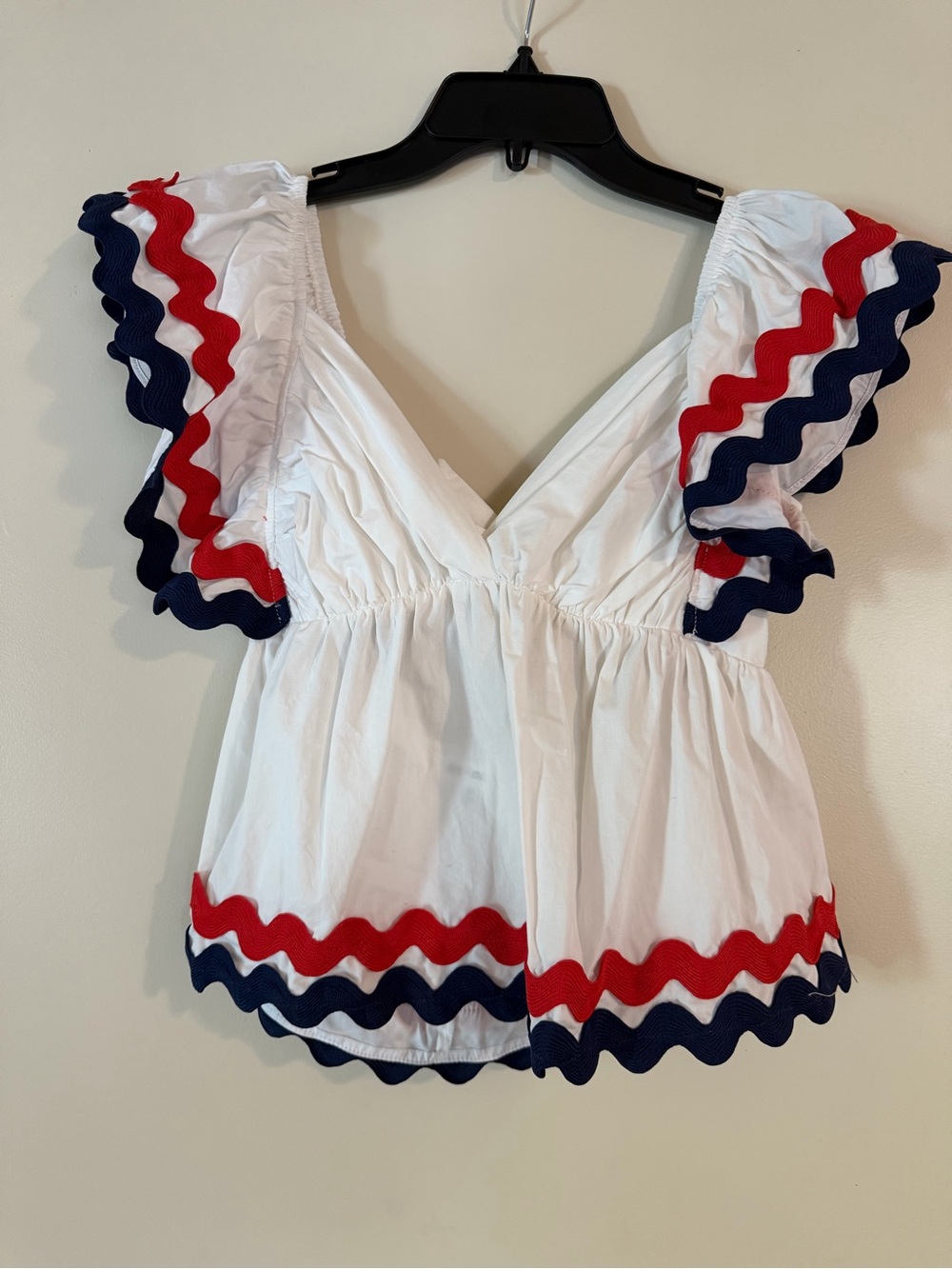 White Peplum Ruffle Top with Red & Navy Trim